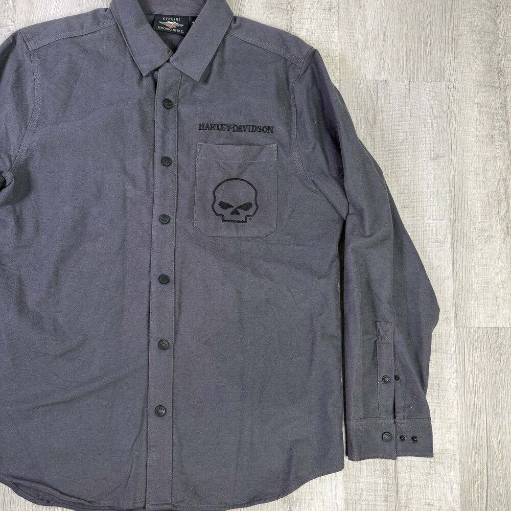Harley Davidson Gray Button Front Willie G Skull L/S Shirt Mens Sz Large Thick N - Picture 3 of 10